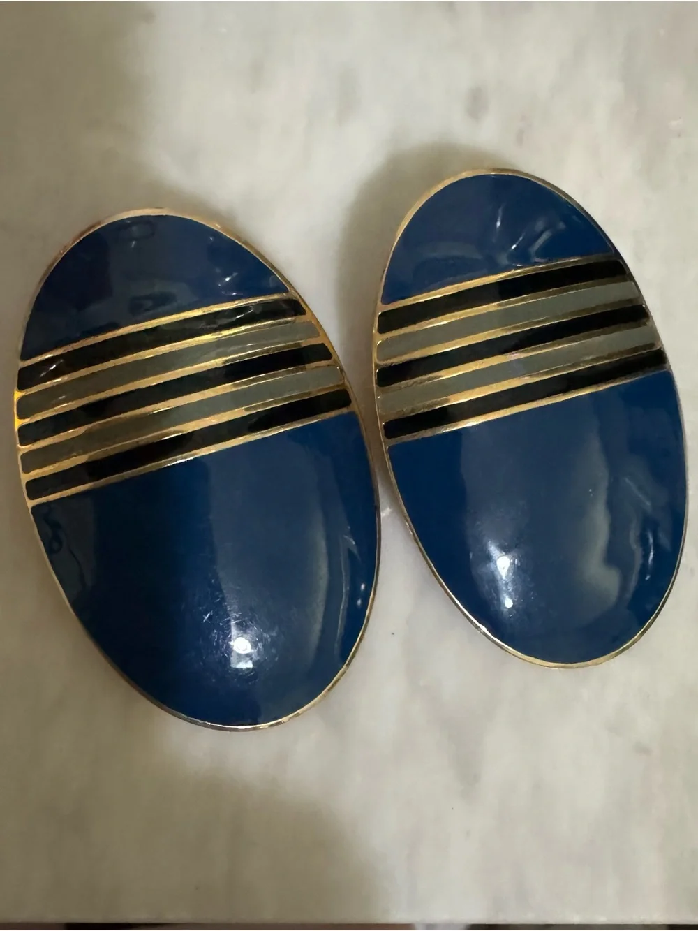 L Bott Vintage designer large oval earrings   in blue,green enamel & gold platin